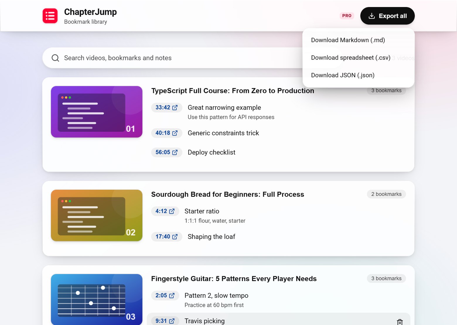 The bookmark library with saved moments from several videos and the export menu open