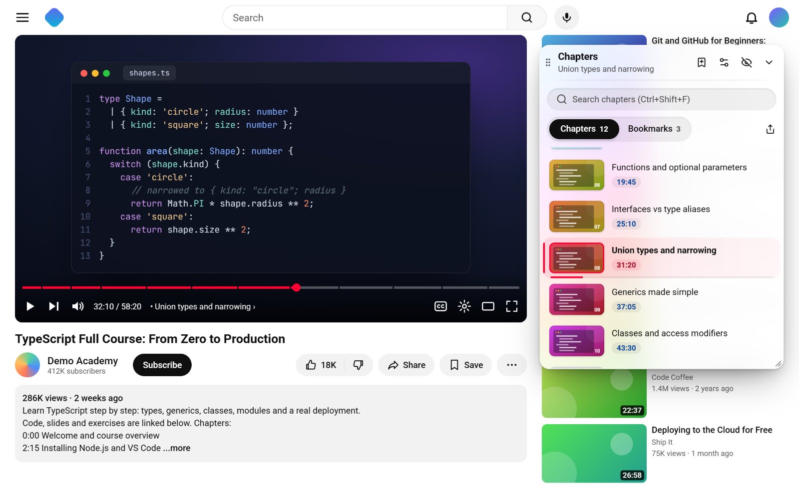 A long TypeScript course on a YouTube watch page with the ChapterJump panel next to the player
