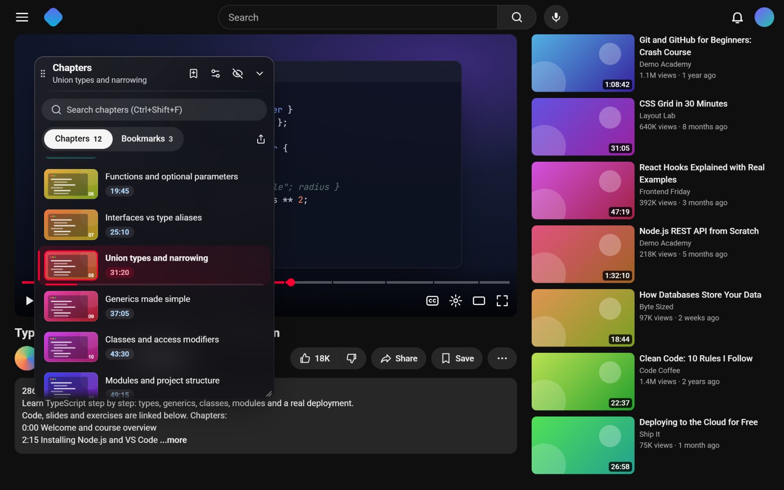 The panel moved to the left of the player in YouTube's dark theme